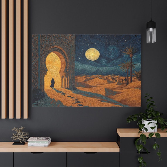 Mystical Desert Night Canvas Print - Impasto Starry Sky Art - Moroccan Archway Canvas - Bohemian Wall Decor - Camel Oasis Landscape Art