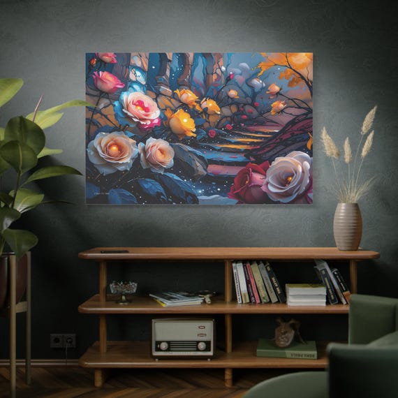 The Heavenly Garden, Enchanted Rose Garden,  Stretched Canvas Print,Romantic Decor, Living Room Art, Boho Wall Art,  Floral Canvas.