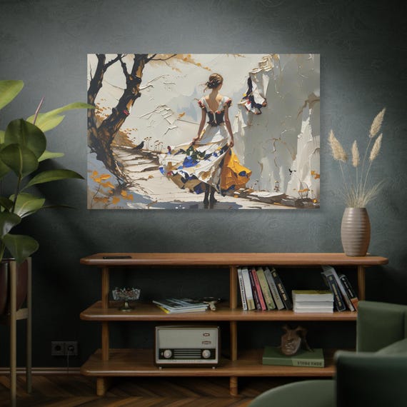 Impasto Stroll, Woman in Floral Dress walking canvas Print.