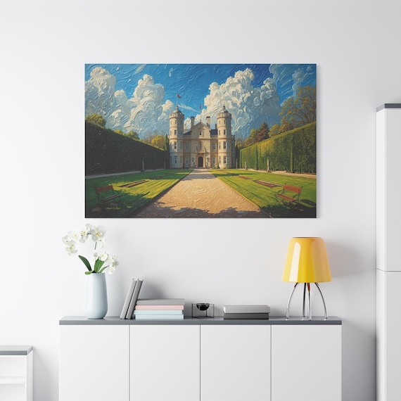 European Castle Canvas Print - Grand Manor Estate Art - Impasto Formal Garden - Royalcore Decor - Textured Look Architecture Wall Art