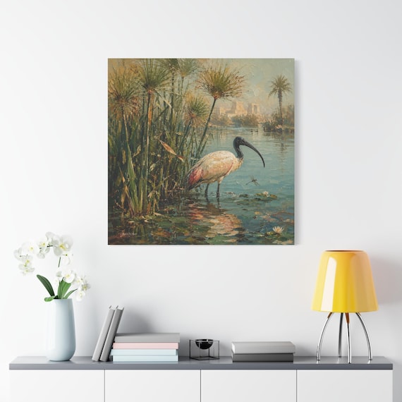 Egyptian Ibis Canvas Print - Ancient Temple River Art - Tranquil Nature Wall Decor - Impasto Bird Print - Botanical Landscape Art