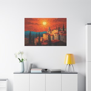 Stampa su tela "Tramonto toscano infuocato", paesaggio di villaggio in stile impasto - Decorazione murale arancione vibrante - Tela con città mediterranea - Post-impressionista