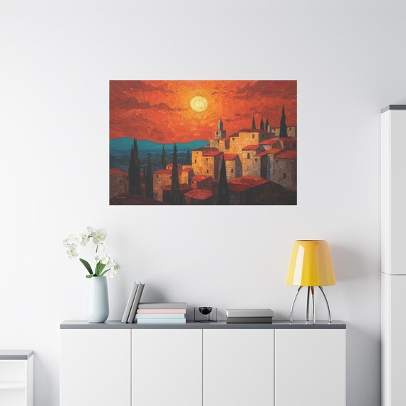 Fiery Tuscan Sunset Canvas Print, Impasto Village Landscape Art - Vibrant Orange Wall Decor - Mediterranean Town Canvas - Post Impressionist