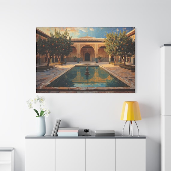 Moroccan Courtyard Canvas Print - Alhambra Style Architecture - Impasto Orange Tree Garden - Spanish Patio Wall Art - Mediterranean Decor