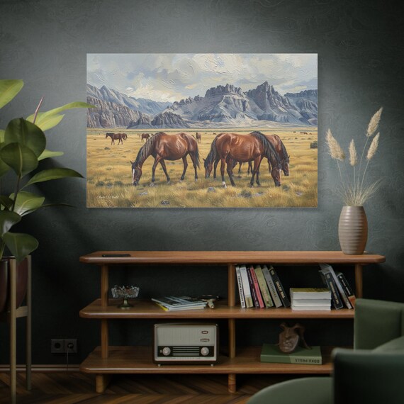 Wild Horses Canvas Print - Western Landscape Art - Impasto Mountain Print - Rustic Farmhouse Decor - Grazing Mustangs - Cowboy Wall Art