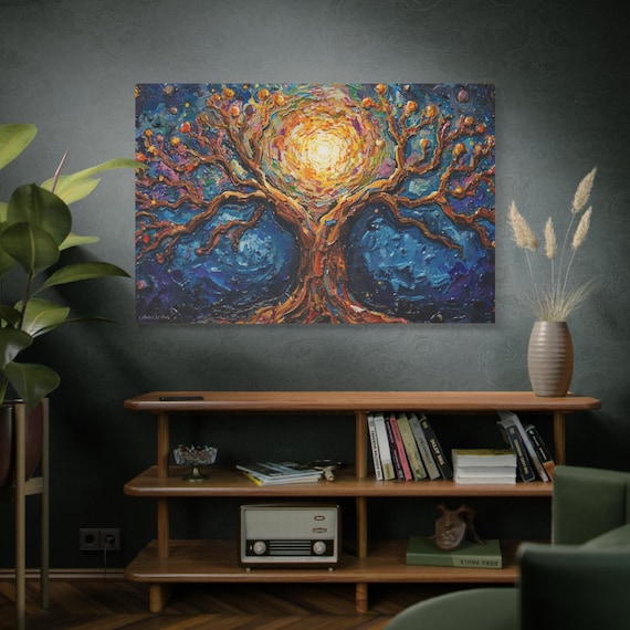 Cosmic Tree of Life Canvas Print - Glowing Abstract Tree Art - Blue and Gold Impasto Style - Spiritual Wall Decor - Ethereal Nature Painting