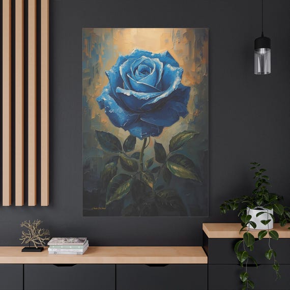 Blue Rose Canvas Print - Impasto Floral Painting - Botanical Wall Art - Gold and Blue Decor - Romantic Flower Print - Large Vertical Art