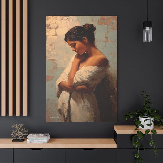 Self Love Woman Portrait Canvas - Serene Spa Wall Art - Impasto Style Female Figure - Neutral Bathroom Decor - Morning Routine Aesthetic