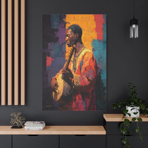 Soulful Musician Canvas Print - African Wall Art - Colorful Abstract Portrait - Impasto Music Canvas - Afrocentric Decor - Guitarist Art