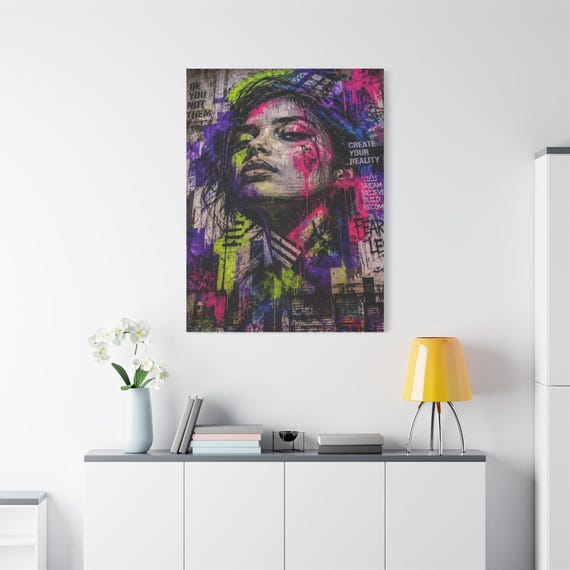 Urban Graffiti Woman Canvas Print - Motivational Street Art - Neon Pop Art Portrait - Impasto Brick Wall Decor - Edgy Modern Room Art