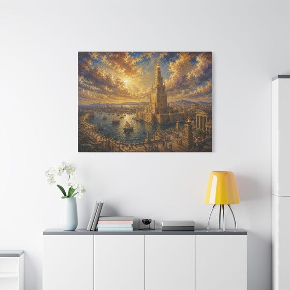 Alexandria Lighthouse Canvas Print - Ancient World Cityscape - Seven Wonders Wall Art - Impasto Sunset Harbor - Epic Historical Decor