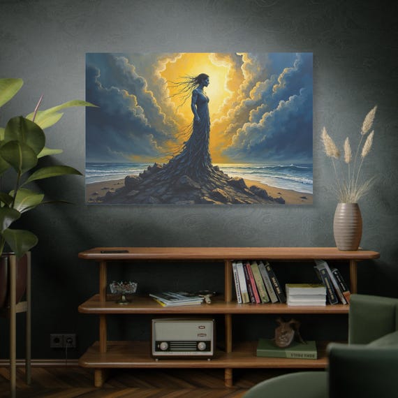 Resilience in the Storm,Canvas Wall Art, Ocean Goddess Decor, Inspirational Beach Artwork, Bohemian Home Decor.