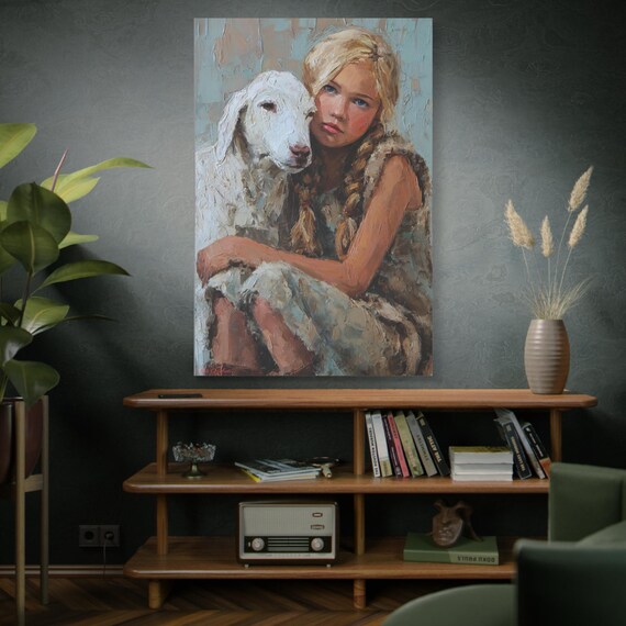 Companion in Silence, Emotional Animal Art Canvas, Pet Love Decor, Dog and Girl Wall Art, Heartwarming Home Gift, Thoughtful Gift Idea.