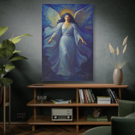 Sapphire Archangel, Guardian Angel Matte Canvas Print, Spiritual Wall Decor, Archangel Painting, Celestial Decor, Expressive Art Print