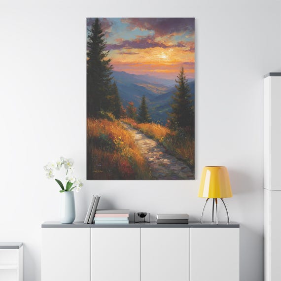 Mountain Sunset Canvas Print - Impasto Landscape Print - Pine Tree Trail Art - Rustic Cabin Decor - Purple Sky Nature Wall Art - Scenery