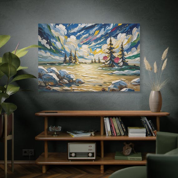 Canvas Print, Golden Snowdrift Whimsical Winter Landscape, House Warming Gift, Cozy Wall Art, Living Room Art, Stretched Print, 1 25 Inch,