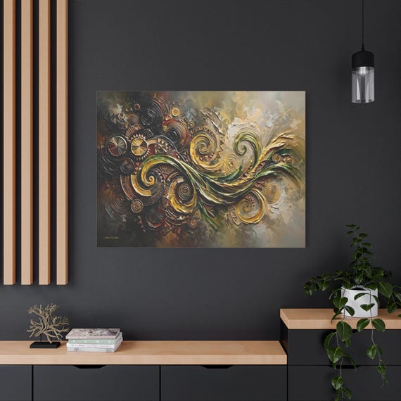 Abstract Gold Swirl Canvas Print - Kinetic Impasto Wall Art - Metallic Geometric Decor - Earth Tone Fluid Print - Modern Industrial Art