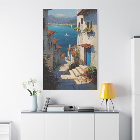 Mediterranean Coastal Canvas - Amalfi Coast Wall Art - Blue Door Canvas - Impasto Ocean View Print - Italian Riviera Decor - Seascape