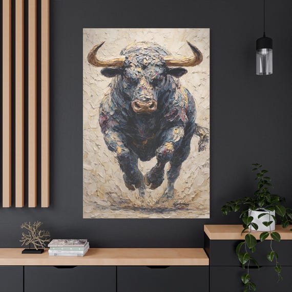 Charging Bull Canvas Print - Wall Street Art - Impasto Animal Canvas - Masculine Office Decor - Textured Look Bull Poster - Western Art