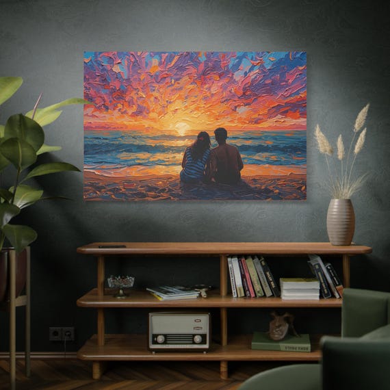 Two Hearts One Sunset, Canvas Wall Art, Sunset Couple Painting, Romantic Home Decor, Beach Themed Gift, Seaside Art.