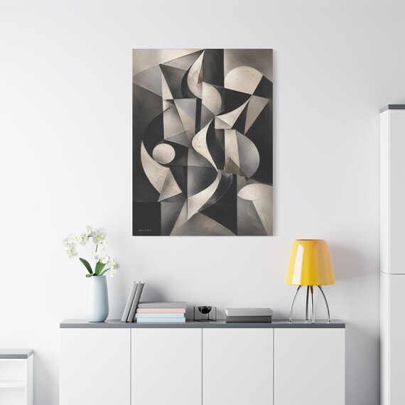 Abstract Geometric Canvas Print - Black and White Cubist Art - Modern Impasto Wall Decor - Monochromatic Canvas - Minimalist Office Art