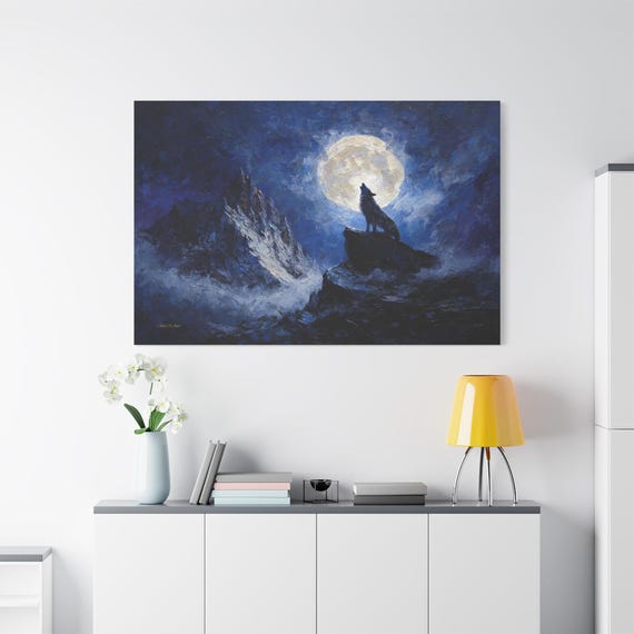 Wolf Howling at Moon Canvas Print - Impasto Night Sky Art - Moody Wilderness Canvas - Rustic Cabin Decor - Mystical Animal Wall Art