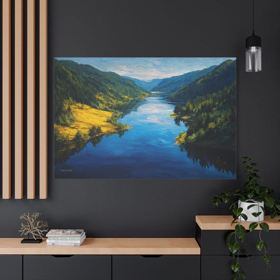 Mountain River Landscape Canvas - Impasto Valley Print - Blue Water Wall Art - Fjord Decor - Serene Nature Print - Textured Look Art