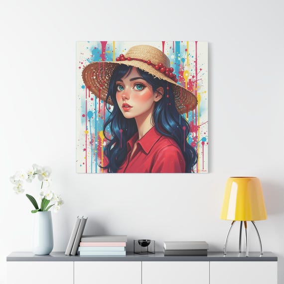 Colorful Portrait Canvas Art Print: The Lady in the Straw Hat (36x36)