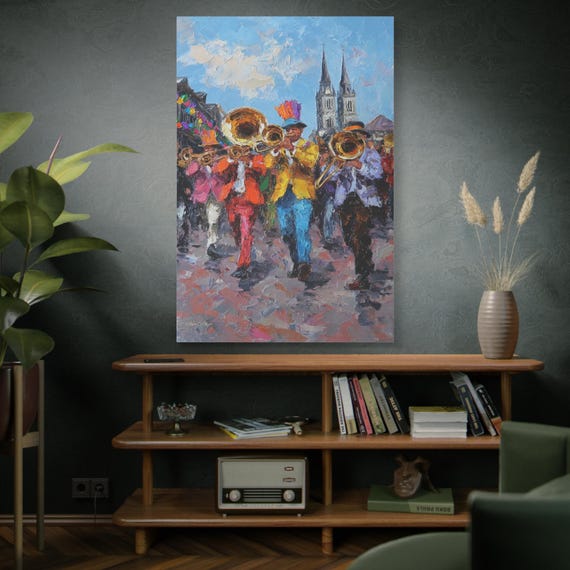 Second Line Tempo, Brass Band Parade Matte Canvas, Street Parade, Music Painting, Cityscape Art, Modern Canvas Print, Colorful Art.