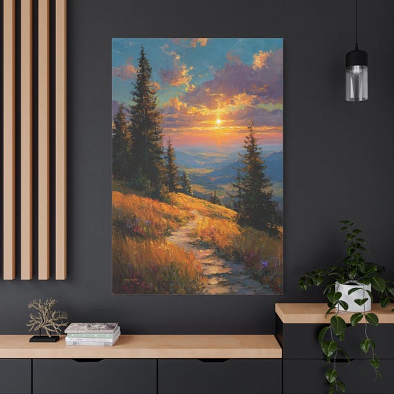 Pine Trail Canvas Print - Alpine Meadow Landscape - Impasto Pine Tree Art - Rustic Cabin Decor - Sunny Hiking Path - Nature Wall Art