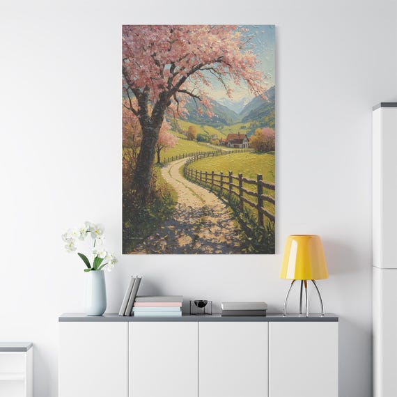 Vertical Spring Landscape Canvas - Cherry Blossom Tree Print - Cottagecore Wall Art - Country Road Canvas - Farmhouse Decor - Pink Floral