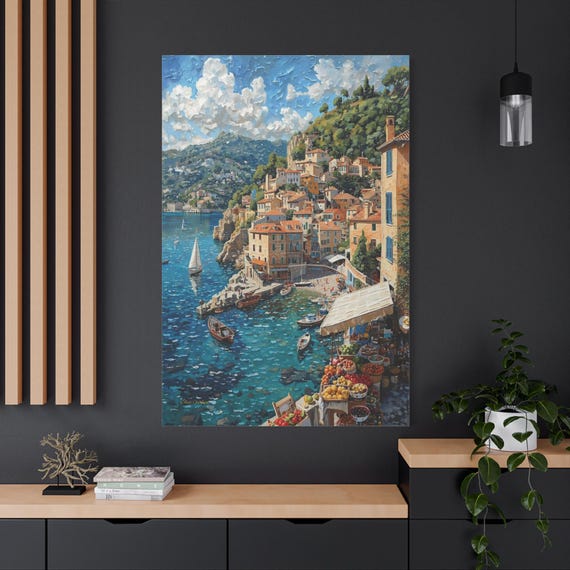 Italian Market and Harbor Canvas Print - Vertical Wall Art - Amalfi Coast Kitchen Decor - Impasto Style  Landscape - Lemon & Fruit Stand