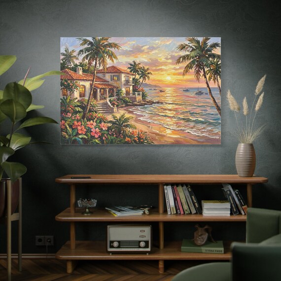 Tropical Sunset Canvas Print - Mediterranean Villa Wall Art - Impasto Beach Print - Coastal Ocean Decor - Palm Tree Landscape - Vacation Art
