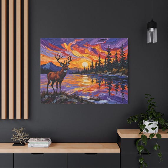 Majestic Deer Canvas Print - Impasto Sunset Landscape Art - Vibrant Cabin Decor - Stag by the Lake Canvas - Post Impressionist Nature Art
