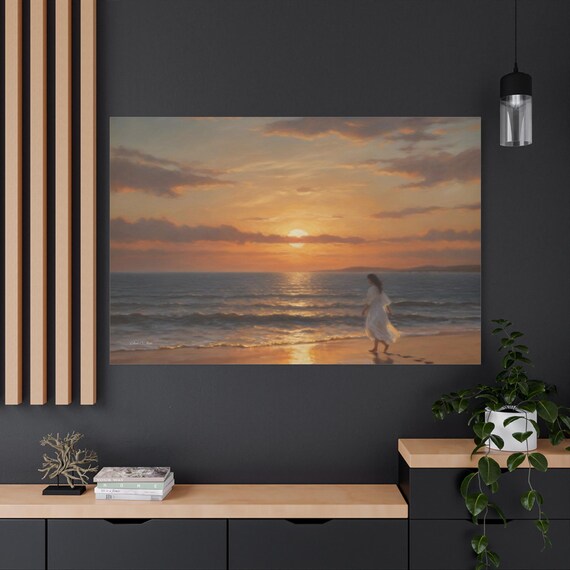Woman on Beach Canvas Print - Coastal Sunset Wall Art - Romantic Seascape Canvas - Serene Ocean Decor - Beach House Art - Footprints