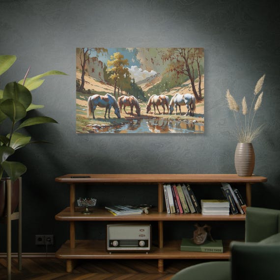 Meadow Reflection, Grazing Horses at Creek Canvas, Western Decor, Country Living, Rustic Wall, Equestrian Art.