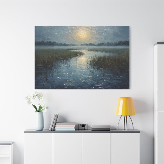 Misty Marsh Canvas Print - Moody Landscape Art - Impasto River Canvas - Blue Coastal Wall Decor - Serene Wetland Art - Foggy Scenery
