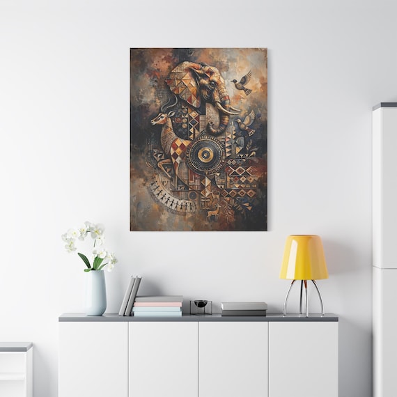 Geometric Elephant Canvas Print - African Safari Wall Art - Tribal Motif Decor - Impasto Wildlife Print - Earth Tone Global Room Art