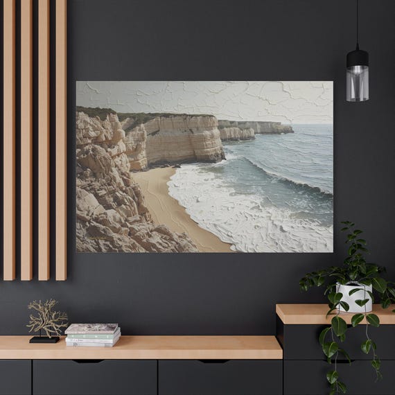 White Cliffs Coastal Canvas - Neutral Beach Art - Ocean Print - Beige and White Wall Decor - Modern Minimalist Seascape ,Textured Look Print