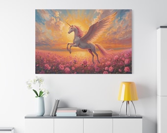 May include: A canvas print of a unicorn with wings, set against a sunset sky. The unicorn is white with a pink mane and tail, and gold horn. It is flying over a field of pink roses. The sky is a mix of orange, yellow, and blue.