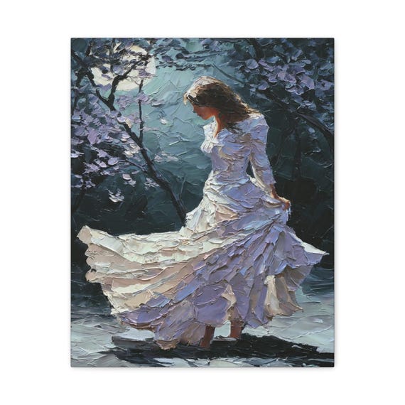 Moonlit Forest Canvas Print - Ethereal Woman Wall Art - Impasto Night Print - Moody Gothic Decor - Flowing White Dress - Romantic Art