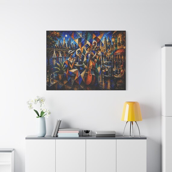 Cubist Jazz Cafe Canvas Print - Abstract City Night Art - Geometric Impasto Wall Decor - Vintage Car Print - Colorful Music Art