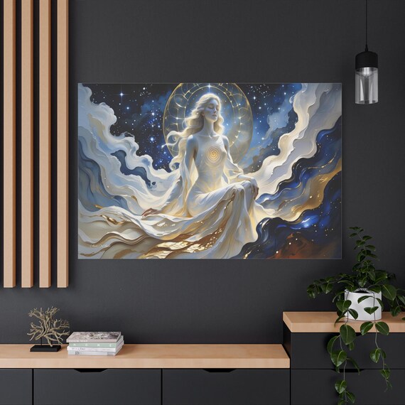 Celestial Goddess Canvas Print - Divine Feminine Art - Spiritual Wall Decor - Meditation Room Print - Gold and Blue Angelic Print - Zen Art