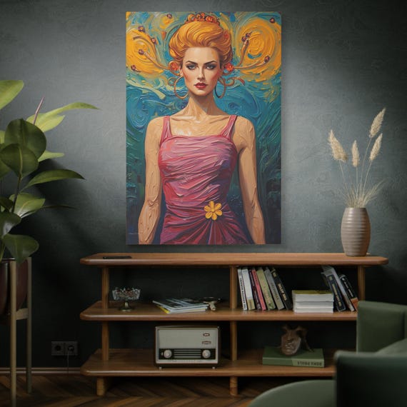 Fiori d'Oro, Retro, Portrait Woman Matte Canvas Print, Stretched Canvas, Contemporary Art, Boho Decor, Living Room Art, Office Art.