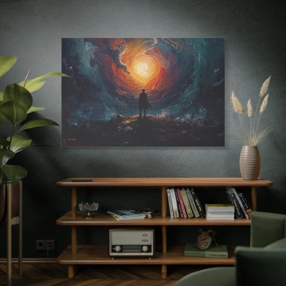 Edge of the Singularity, Silhouette at Vortex, Cosmic Canvas Print, Abstract Vortex, Dramatic Landscape, Epic Art Print, Fantasy Wall Decor