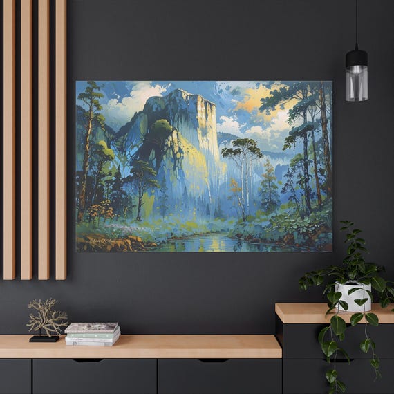 California Art of the Valley, Misty Mountain, River Matte Canvas, Yosemite Art, El Capitan Print, Post Impressionism, Hiking Decor.