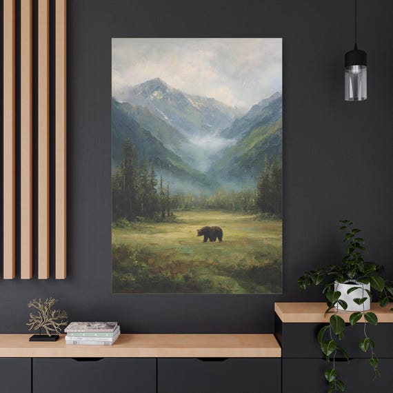 Mountain Bear Canvas Print - Misty Forest Wall Art - Impasto Landscape Print - Cabin Core Decor - Rustic Wildlife Print - Nature Art