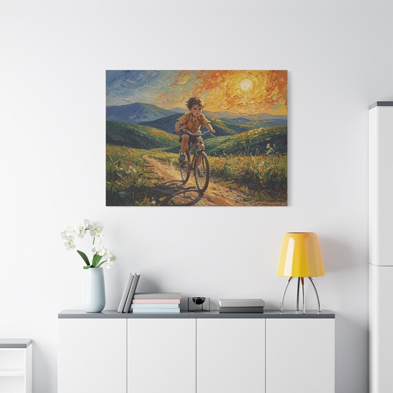 Boy on Bicycle Canvas Print - Nostalgic Childhood Art - Impasto Landscape Print - Whimsical Nursery Decor - Sunlit Country Road Art