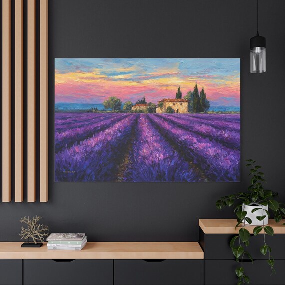 Lavender Field Canvas Print - French Country Wall Art - Provence Landscape Canvas - Impasto Floral Decor - Romantic Sunset Purple Art