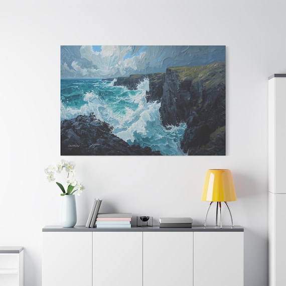 Dramatic Crashing Waves Canvas Print - Rugged Ocean Cliff Art - Impasto Seascape Print - Teal & Grey Coastal Decor - Large Bathroom Wall Art
